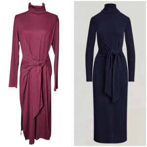 NWT Lauren Ralph Lauren Womens Tie-Front Turtle Neck Dress Midi XL Maroon Ribbed